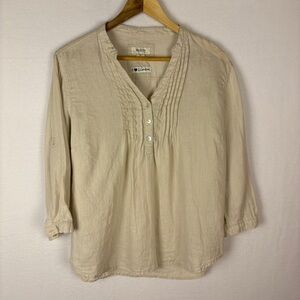 Malvin 100% Linen Cream Button Up Popover Blouse Beachy Coastal